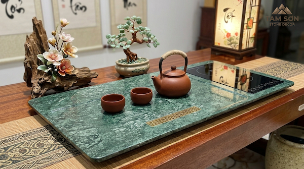 Khay trà bằng đá kết hợp bếp đun nước