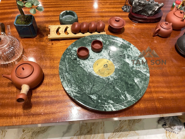 Khay trà bằng đá tròn vân xanh