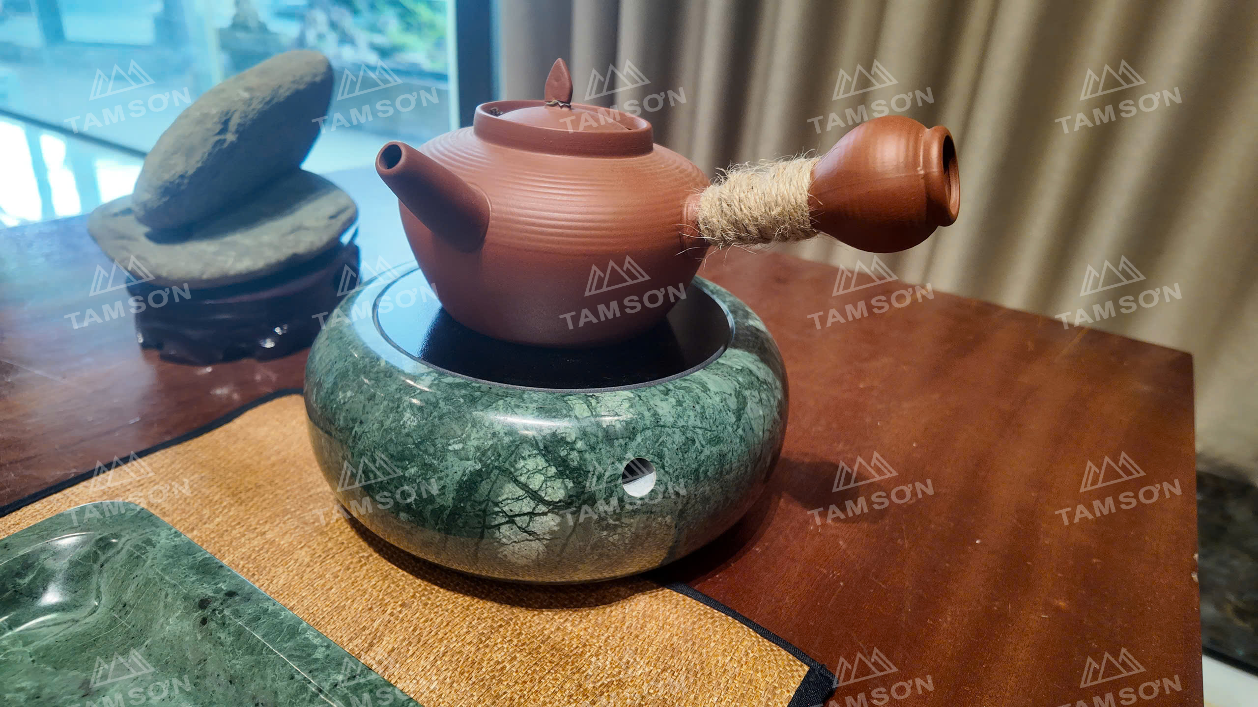 Combo Bàn Trà Đá Tự Nhiên Gồm Bếp, Khay Và Ấm Đất Nung - Ảnh 9
