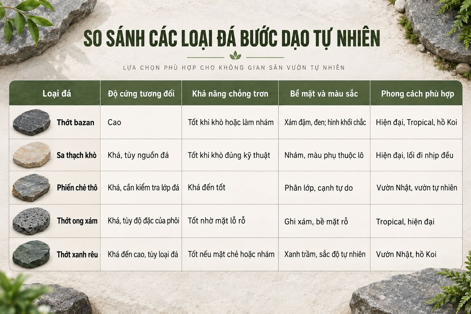 Bảng So Sánh Các Loại Đá Bước Dạo Sân Vườn